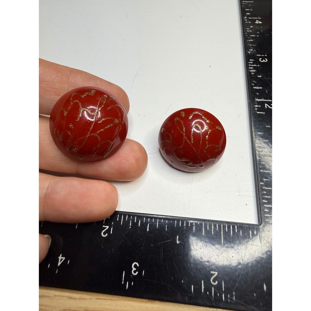 Vintage Red Dome Stud Earrings Gold Glitter Filigree Oversized Post Backs 1"